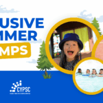 Promotional banner for "Inclusive Summer Camps" featuring logos for Wicklow Sports & Recreation Partnership and CYPSC. The graphic shows a bright summer sky, pine trees, and three circular photos featuring diverse children: a smiling girl in a blue sunhat, a group of kids swimming in a pool, and a youth in a wheelchair playing tennis on a clay court.