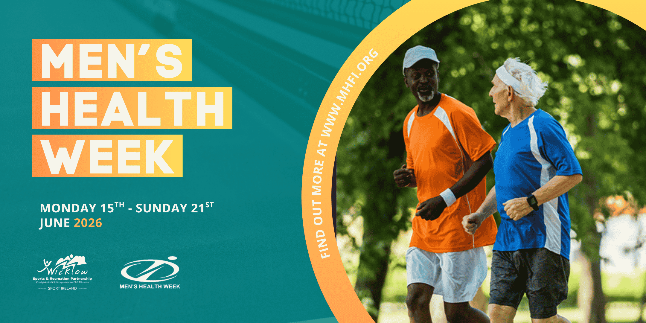 Promotional graphic for Men’s Health Week 2026, featuring two senior men jogging together in a park. Text reads: "Men’s Health Week, Monday 15th - Sunday 21st June 2026." Includes logos for Wicklow Sports & Recreation Partnership and Men's Health Week.
