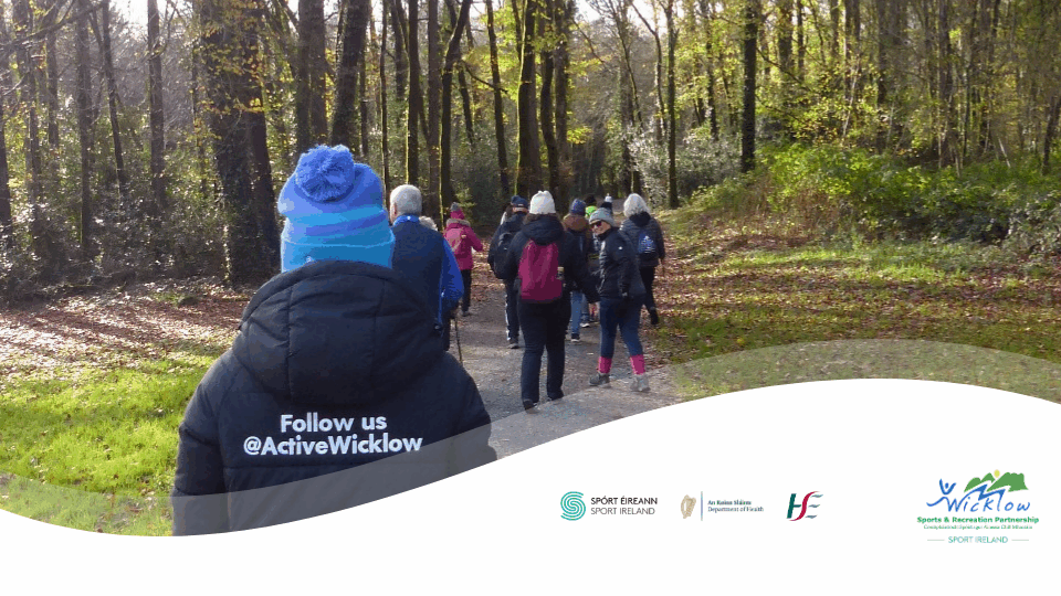 Wide banner image of a group walking away from the camera down a gravel path surrounded by autumn trees. In the foreground, a person wears a blue beanie and a coat with the text "Follow us @ActiveWicklow". The bottom of the image is overlaid with a white wavy graphic showcasing partner logos from left to right: Spórt Éireann / Sport Ireland, An Roinn Sláinte / Department of Health, HSE, and Wicklow Sports & Recreation Partnership.