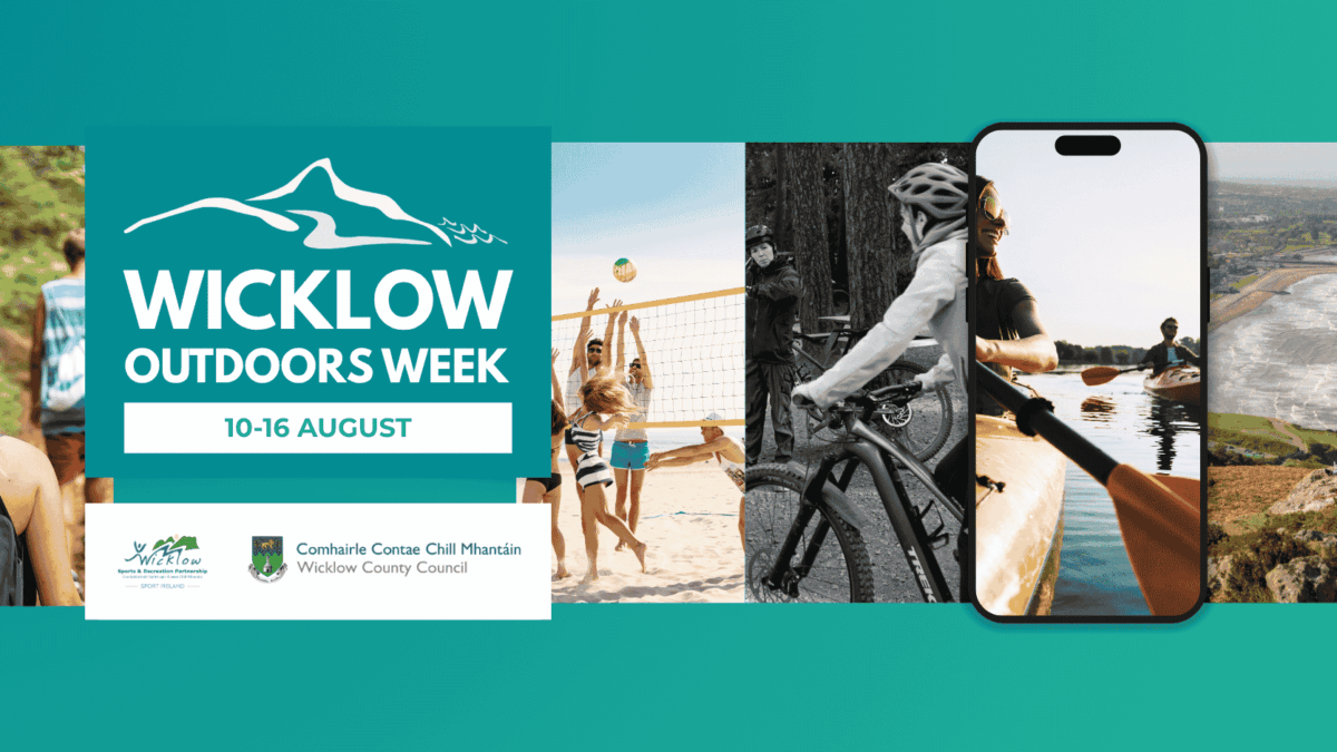 Digital banner for Wicklow Outdoors Week, running 10–16 August. The left side features a prominent teal block containing the mountain outline logo and event dates, with the Wicklow Sports & Recreation Partnership and Wicklow County Council logos directly underneath. The rest of the banner displays a horizontal carousel showcasing outdoor activities: hiking, beach volleyball, mountain biking, kayaking (displayed inside a smartphone frame mock-up), and a scenic view of the Wicklow coastline.