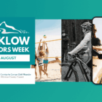Digital banner for Wicklow Outdoors Week, running 10–16 August. The left side features a prominent teal block containing the mountain outline logo and event dates, with the Wicklow Sports & Recreation Partnership and Wicklow County Council logos directly underneath. The rest of the banner displays a horizontal carousel showcasing outdoor activities: hiking, beach volleyball, mountain biking, kayaking (displayed inside a smartphone frame mock-up), and a scenic view of the Wicklow coastline.